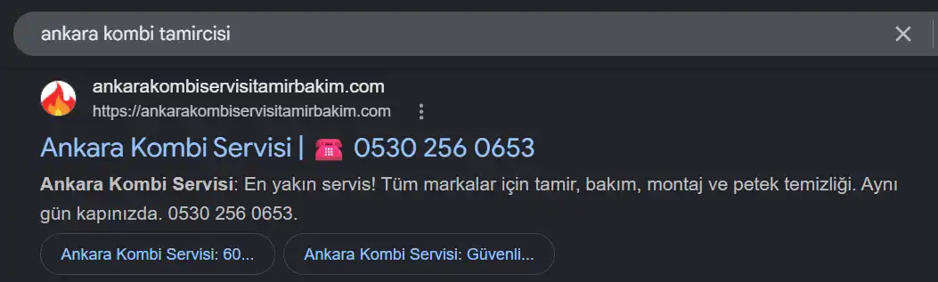 Ankara kombi tamircisi Google sıralama sonucu: 1. sıra