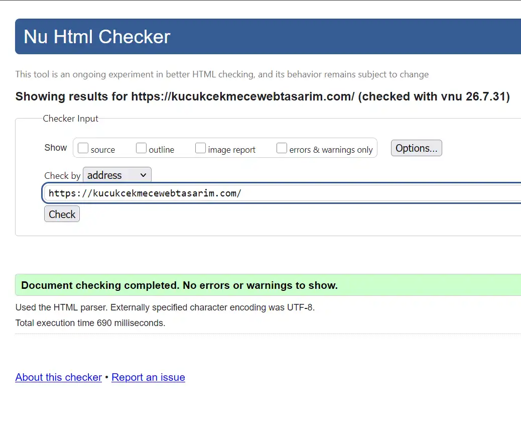 Nu HTML Checker doğrulama sonucu: 0 hata, 0 uyarı