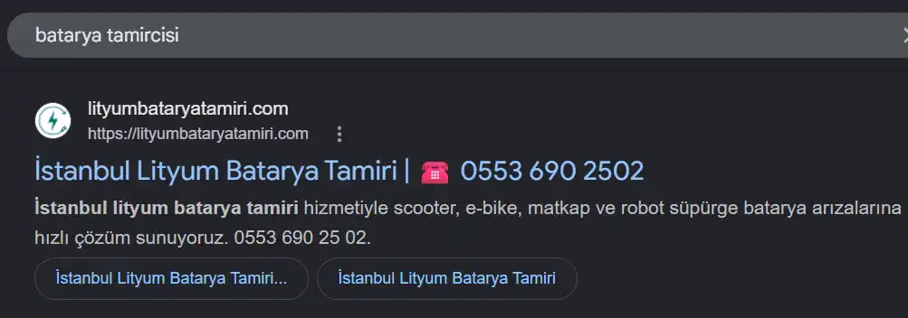 Batarya tamircisi Google sıralama sonucu: 4. sıra