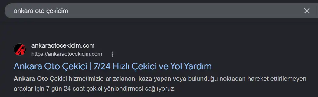 Ankara oto çekicim Google sıralama sonucu: 1. sıra