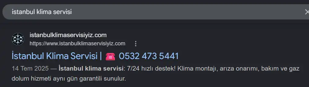 İstanbul klima servisi Google sıralama sonucu: 35. sıra