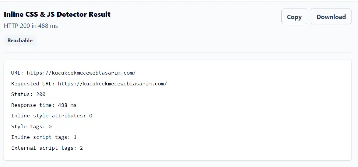 Inline CSS ve JavaScript Detector test sonucu